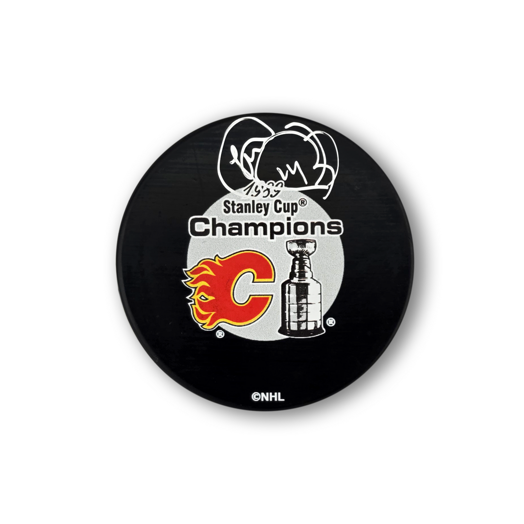 Theo Fleury Autographed Calgary Flames 1989 Stanley Cup Hockey Puck