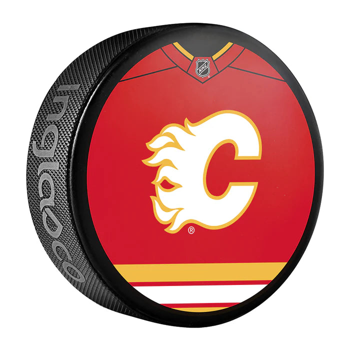 Pre-Order - Theo Fleury Autographed Calgary Flames Jersey Design Hockey Puck