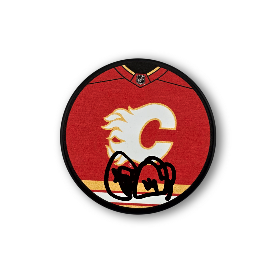 Theo Fleury Autographed Calgary Flames Jersey Hockey Puck