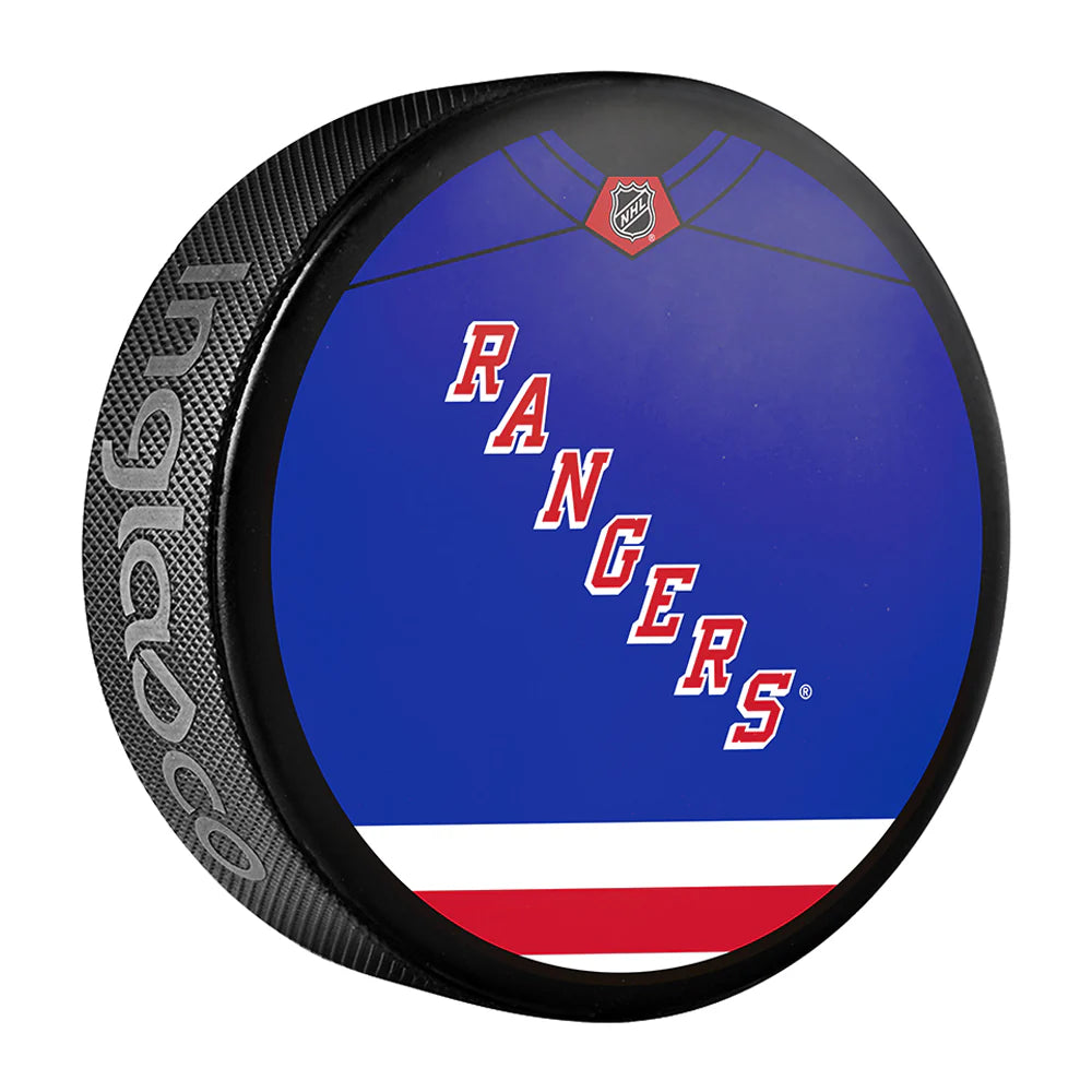 Pre-Order - Theo Fleury Autographed New York Rangers Jersey Design Hockey Puck