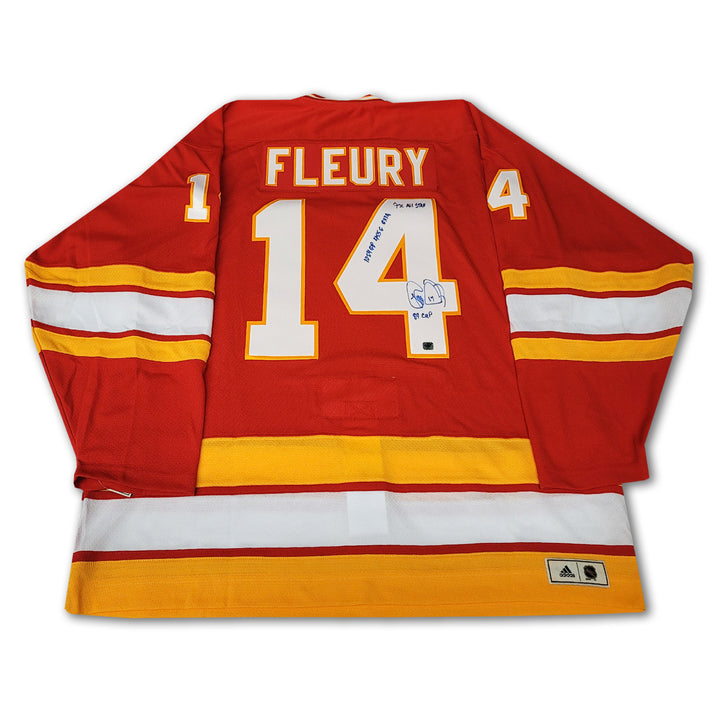 Theo Fleury Calgary Flames Autographed Red Adidas Team Classic Jersey Inscribed 3 x