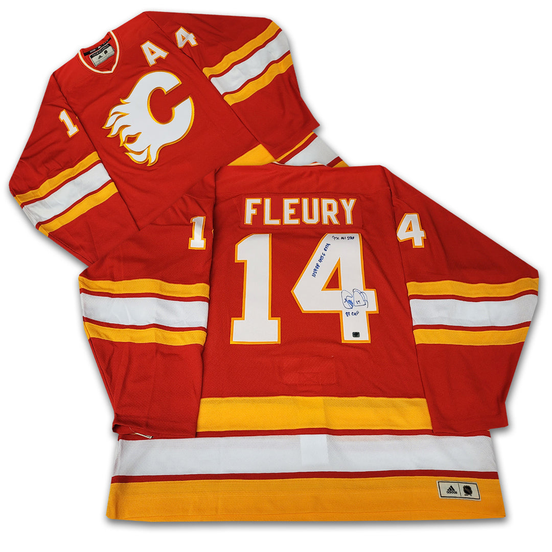 Theo Fleury Calgary Flames Autographed Red Adidas Team Classic Jersey Inscribed 3 x