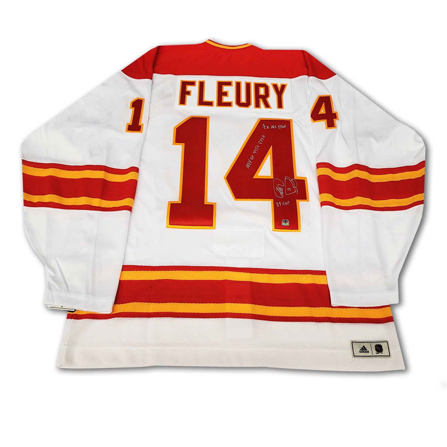 Theo Fleury Calgary Flames Autographed White Adidas Team Classic Jersey Inscribed 3 x East Coast Sports Collectibles