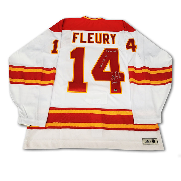 Theo Fleury Calgary Flames Autographed White Adidas Team Classic Jersey Inscribed 3 x