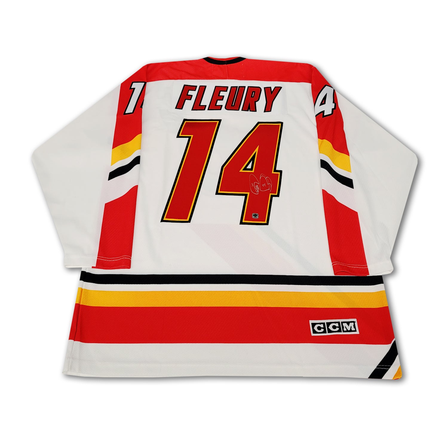 Theo Fleury Calgary Flames Autographed White Pedestal Jersey East Coast Sports Collectibles