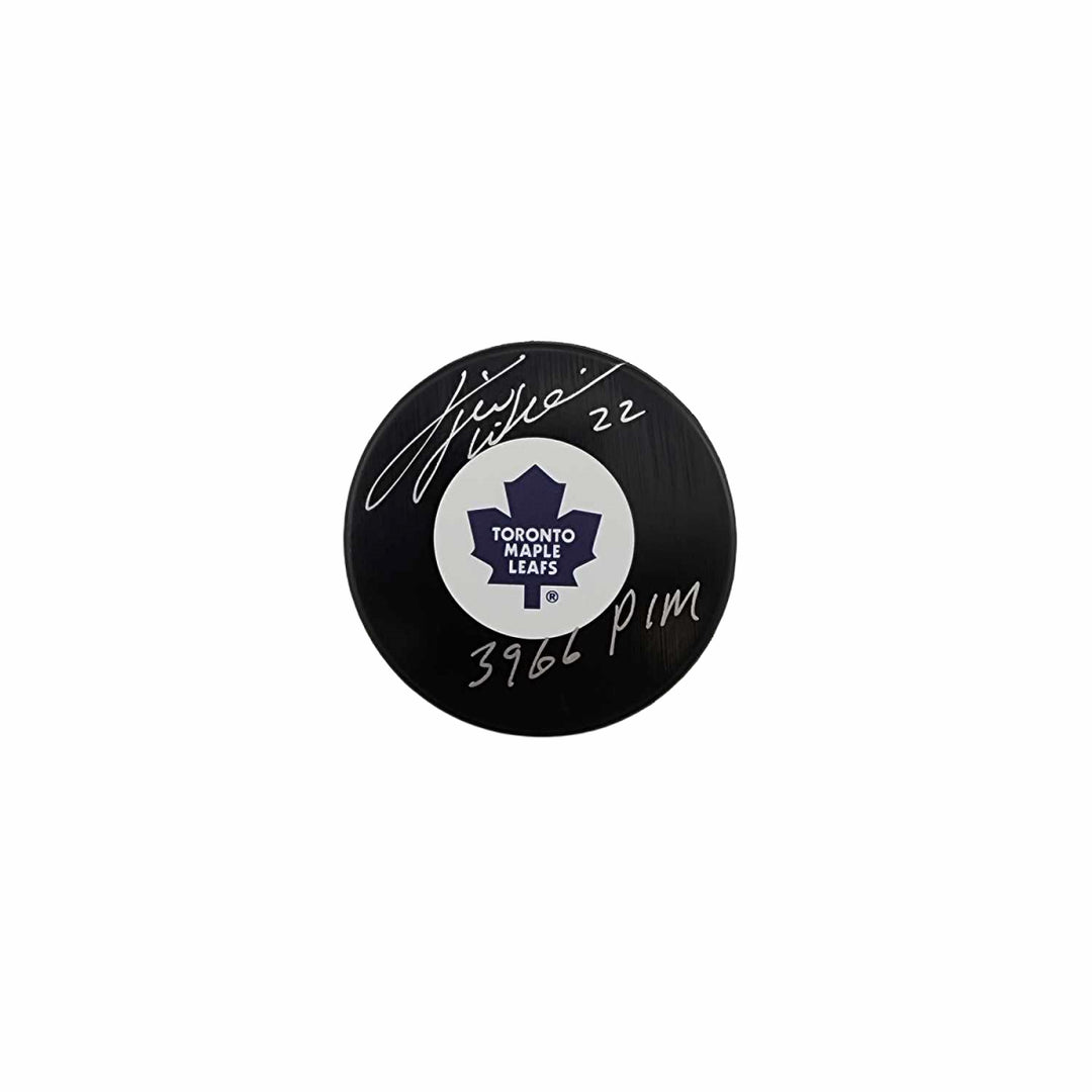Tiger Williams Autographed Toronto Maple Leafs Hockey Puck Inscribed PIM