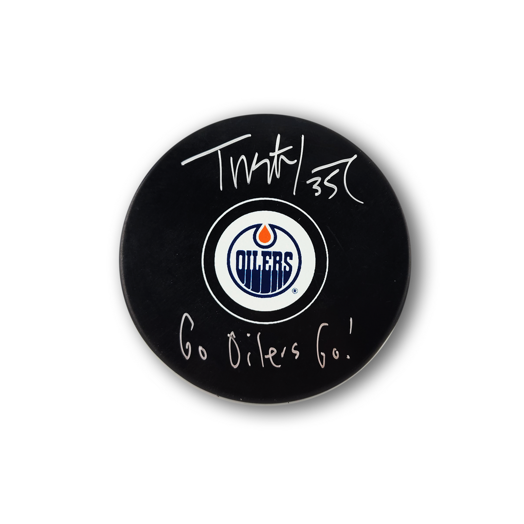 Tristan Jarry Autographed Edmonton Oilers Hockey Puck Inscribed Go Oilers