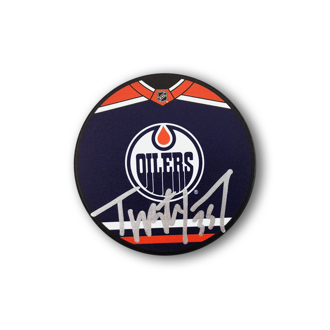 Tristan Jarry Autographed Edmonton Oilers Jersey Design Hockey Puck
