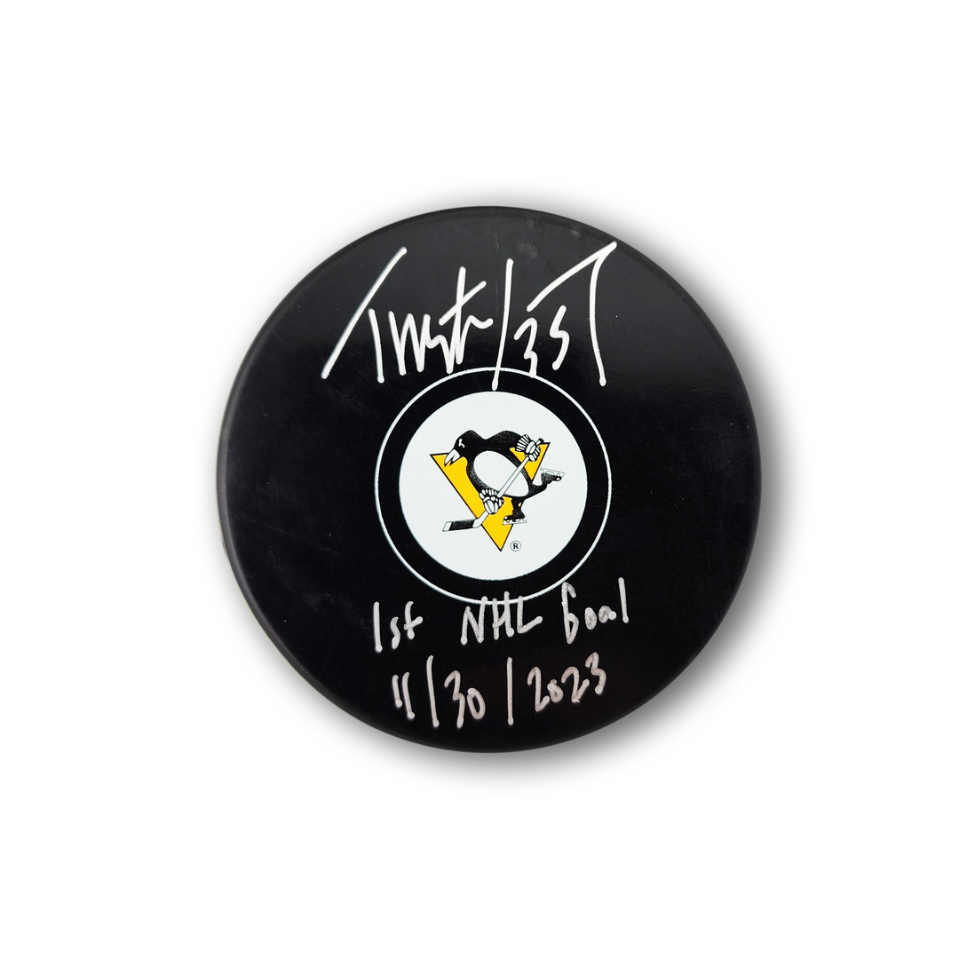 Tristan Jarry Autographed Pittsburgh Penguins Hockey Puck Inscribed 1st Goal