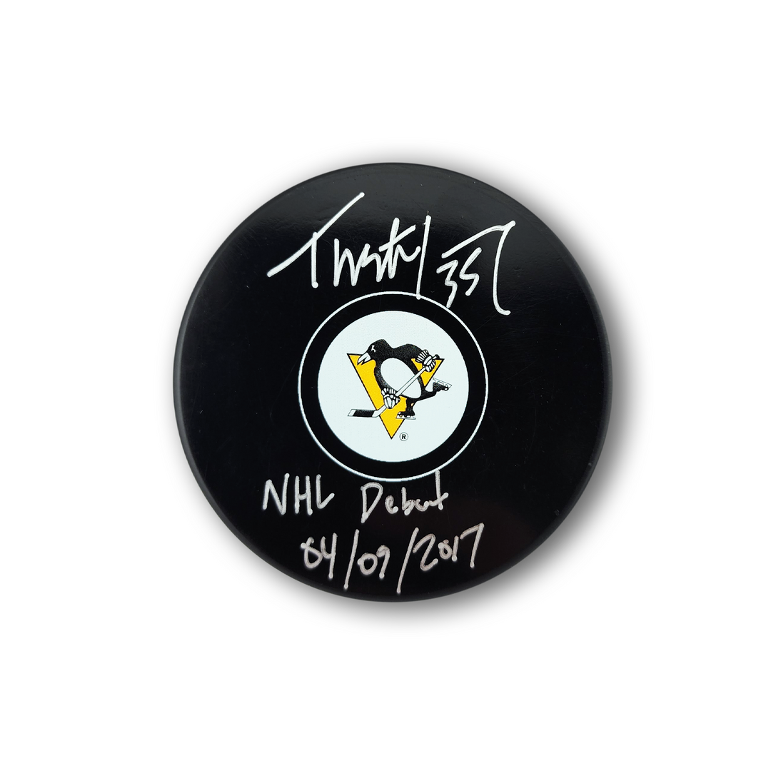 Tristan Jarry Autographed Pittsburgh Penguins Hockey Puck Inscribed NHL Debut