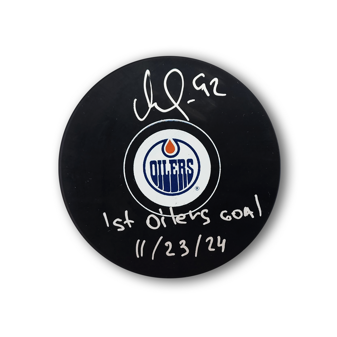 Vasily Podkolzin Autographed Edmonton Oilers Hockey Puck Inscribed 1st Oilers Goal