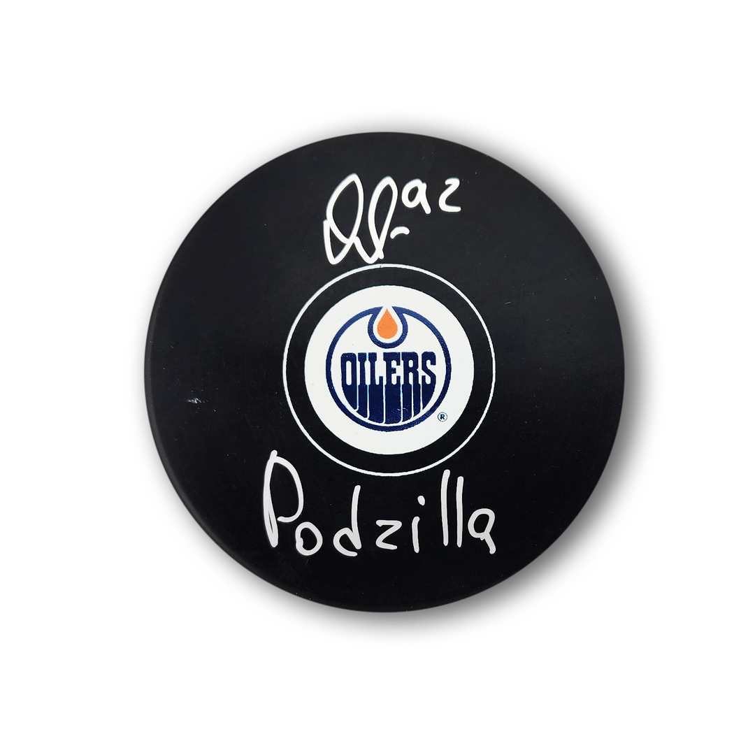 Vasily Podkolzin Autographed Edmonton Oilers Hockey Puck Inscribed Podzilla