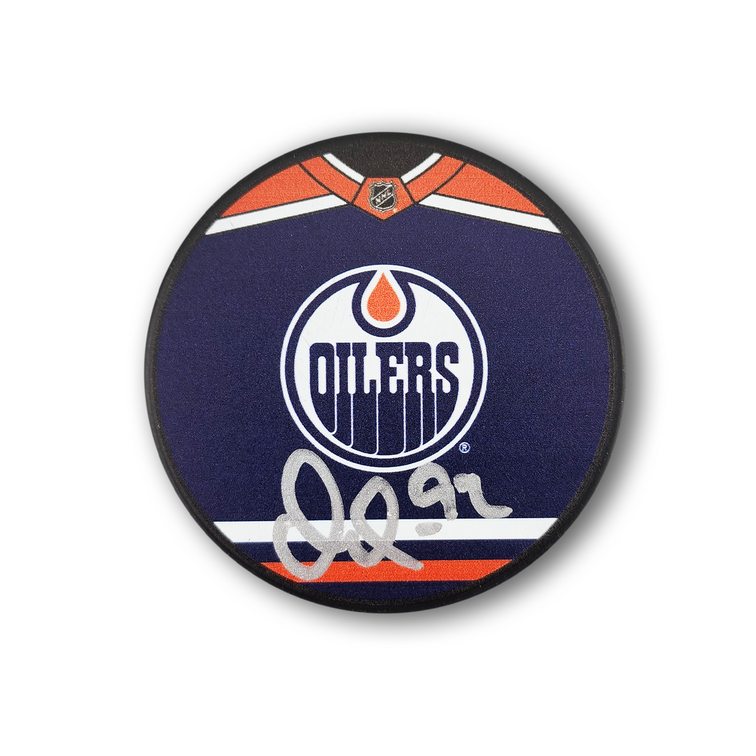 Vasily Podkolzin Autographed Edmonton Oilers Jersey Design Hockey Puck