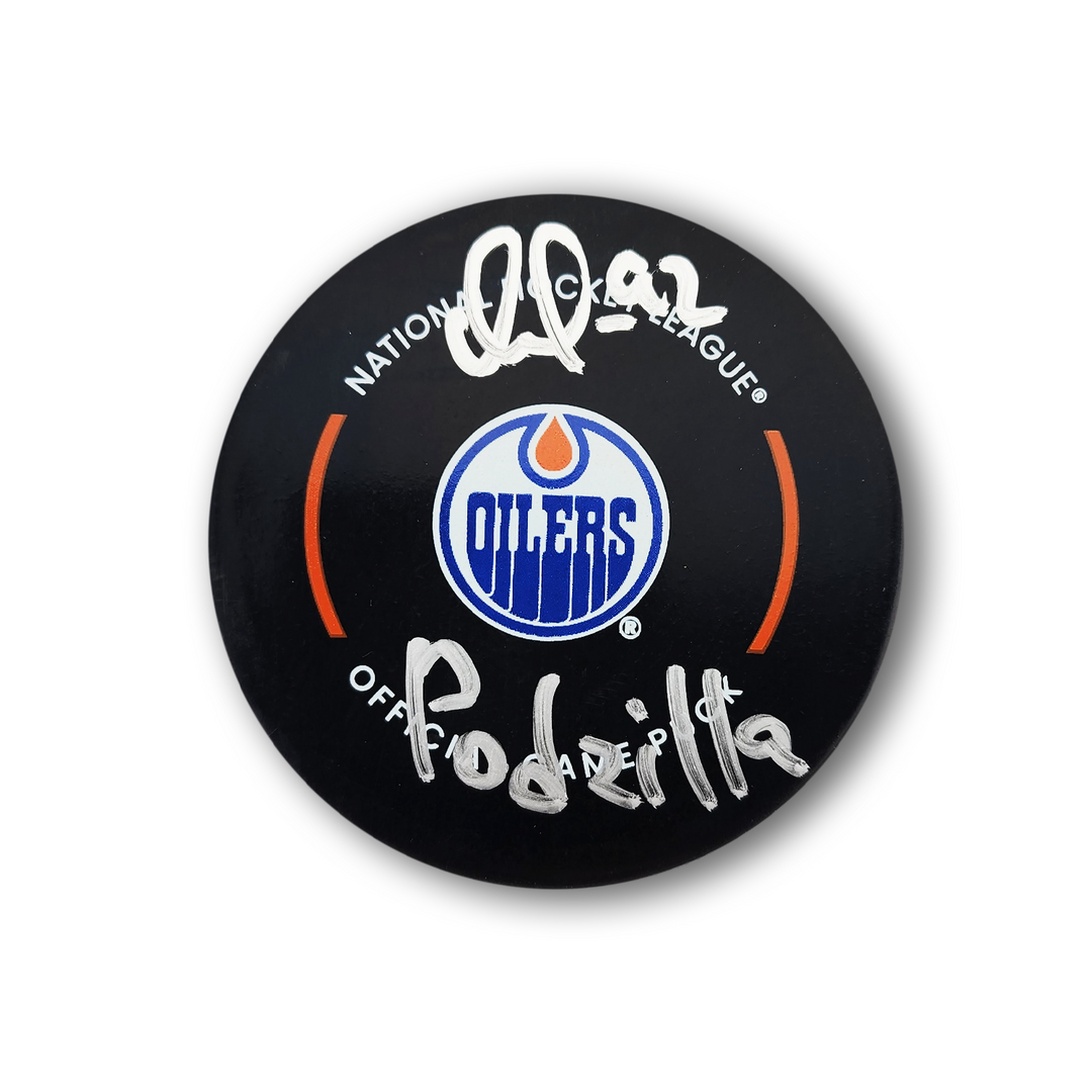 Vasily Podkolzin Autographed Edmonton Oilers Official Hockey Puck Inscribed Podzilla