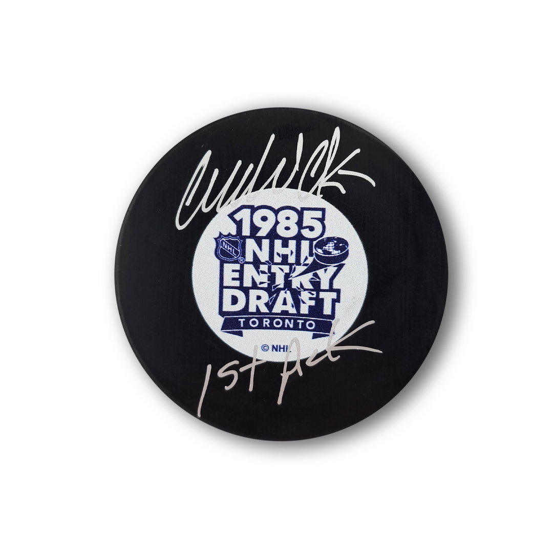 Wendel Clark Autographed 1985 NHL Draft Hockey Puck Inscribed 1st Pick