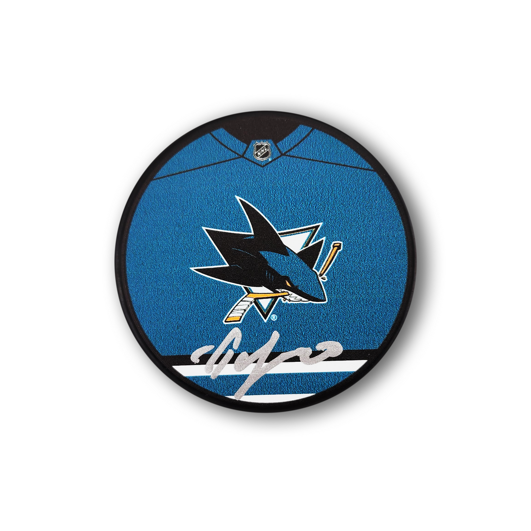 Yaroslav Askarov Autographed San Jose Sharks Jersey Design Hockey Puck