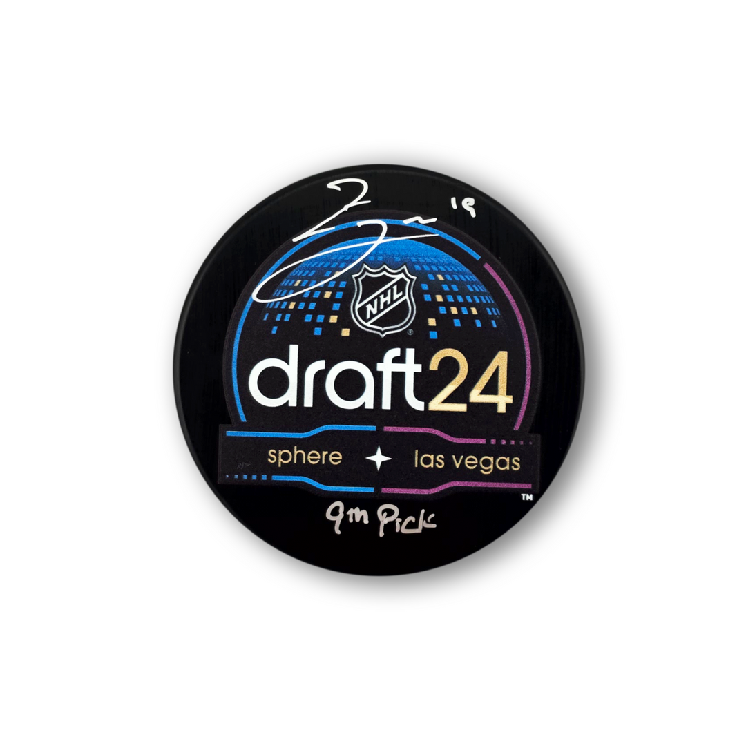 Zayne Parekh Autographed 2024 NHL Draft Hockey Puck Inscribed 16th Pick