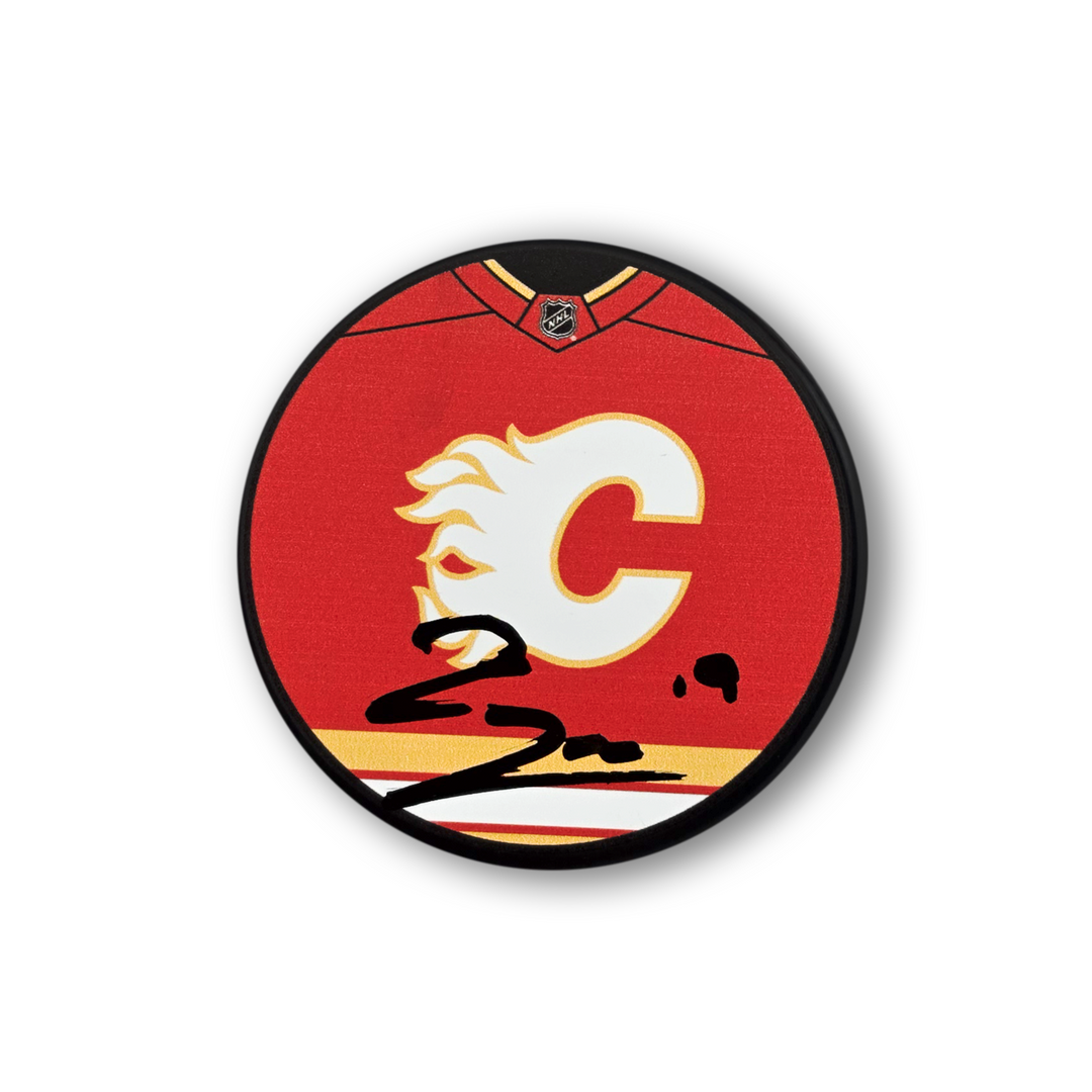 Zayne Parekh Autographed Calgary Flames Jersey Design Hockey Puck