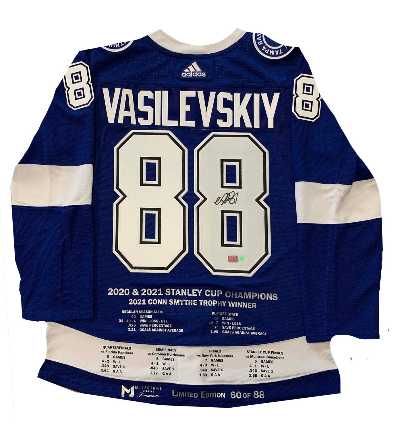 Andrei Vasilevskiy Tampa Bay Lightning Blue Adidas Jersey Mile Stone Jersey LE/88
