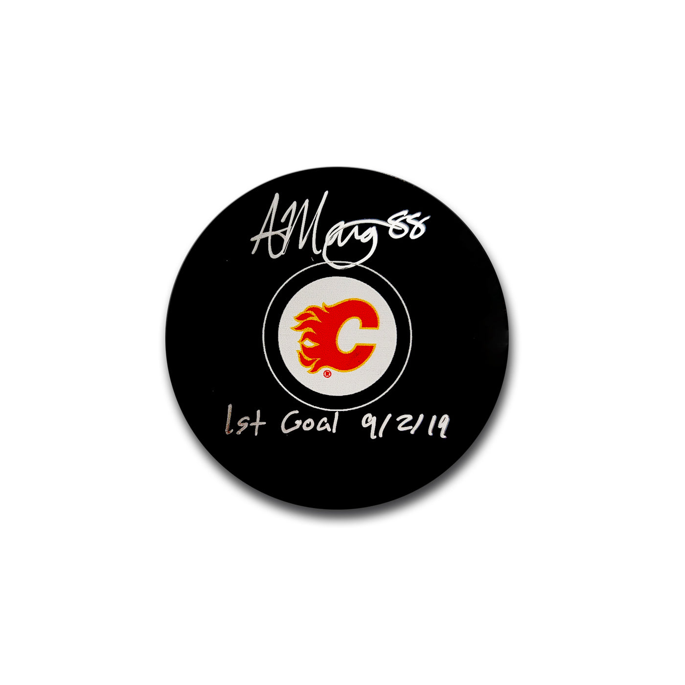 Andrew Mangiapane Calgary Flames Autographed Hockey Puck Inscribed 1st Goal 9/2/19