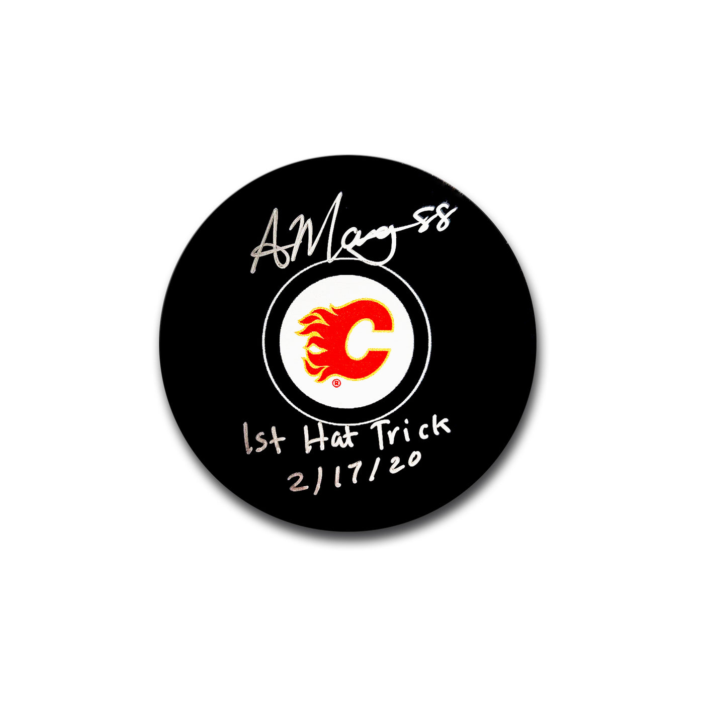 Andrew Mangiapane Calgary Flames Autographed Hockey Puck Inscribed 1st Hat Trick 2/17/20