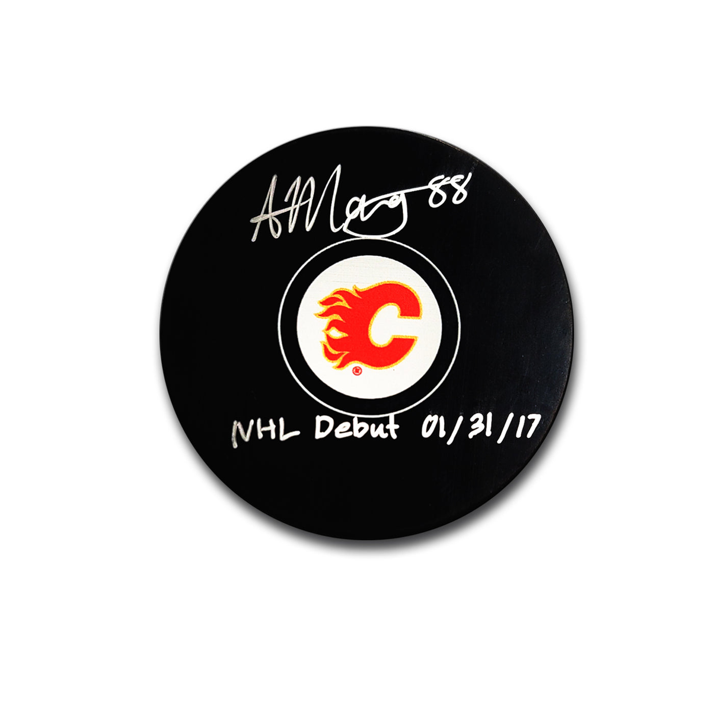Andrew Mangiapane Calgary Flames Autographed Hockey Puck Inscribed NHL Debut 01/31/17