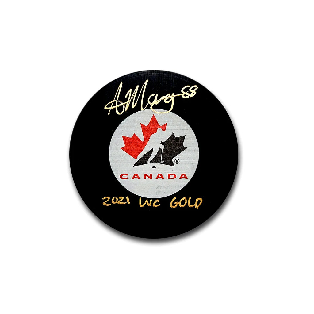 Andrew Mangiapane 2021 Team Canada Autographed Hockey Puck Inscribed 2021 WC Gold