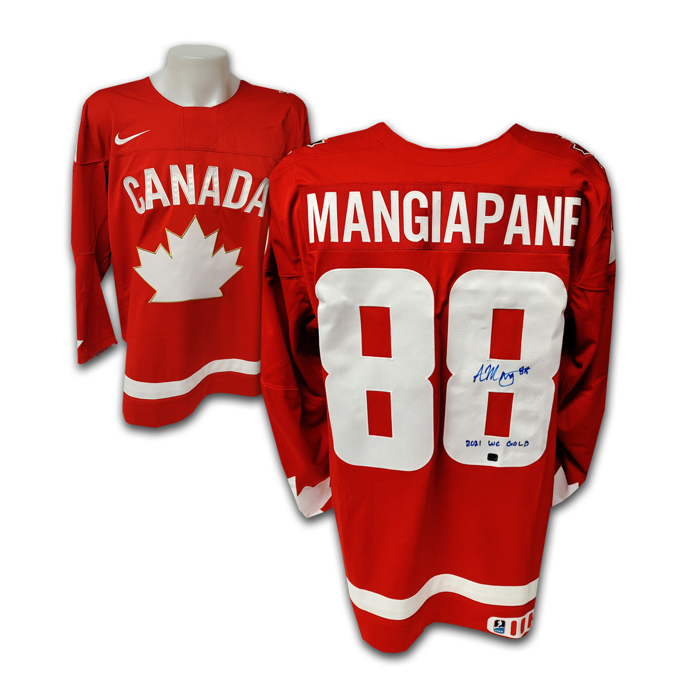 Andrew Mangiapane Team Canada 2021 Red Alternate Nike Jersey Inscribed 2021 WC Gold
