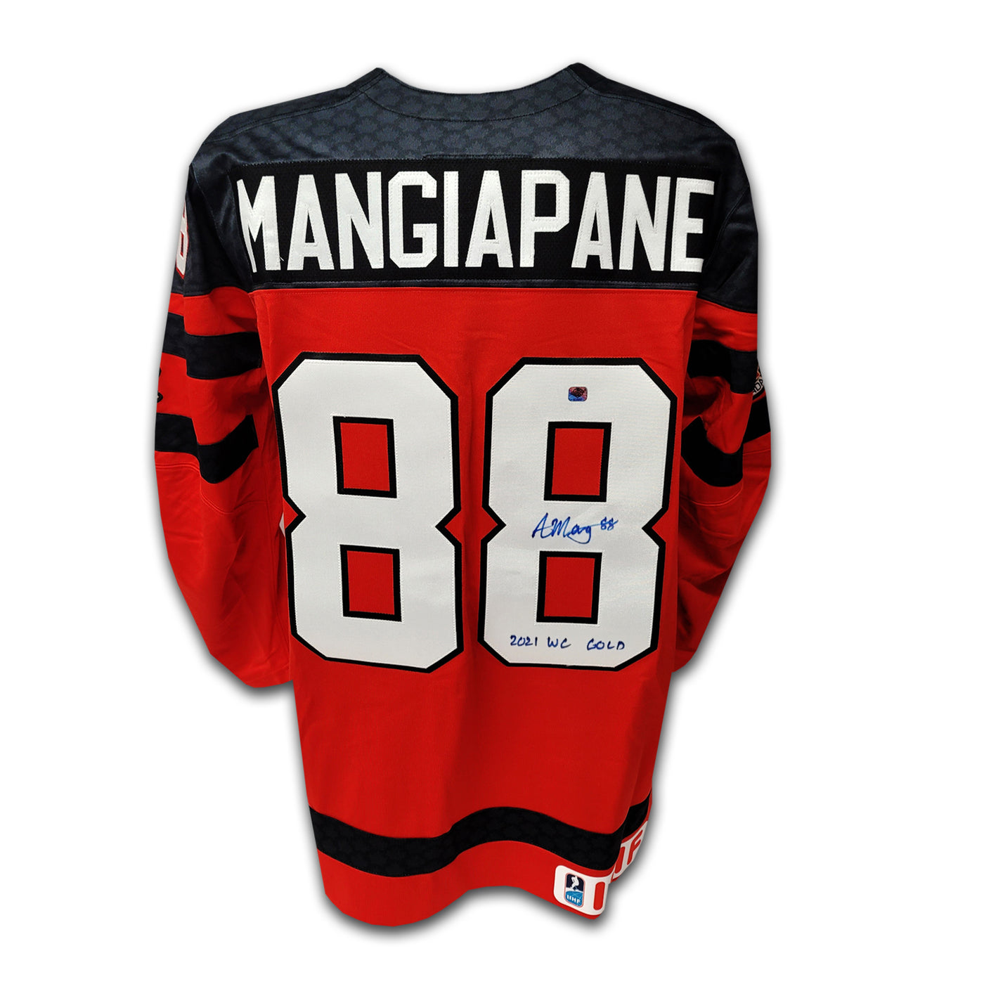 Andrew Mangiapane Team Canada 2021 Red Nike Jersey Inscribed 2021 WC Gold