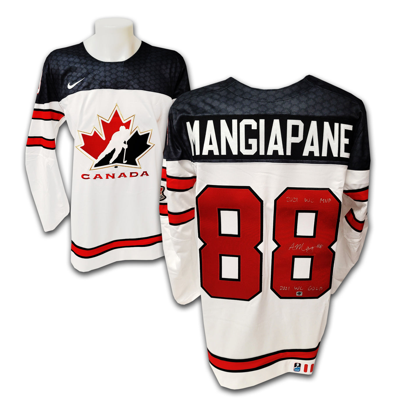 Andrew Mangiapane Team Canada 2021 White Nike Jersey Inscribed 2021 WC Gold / MVP