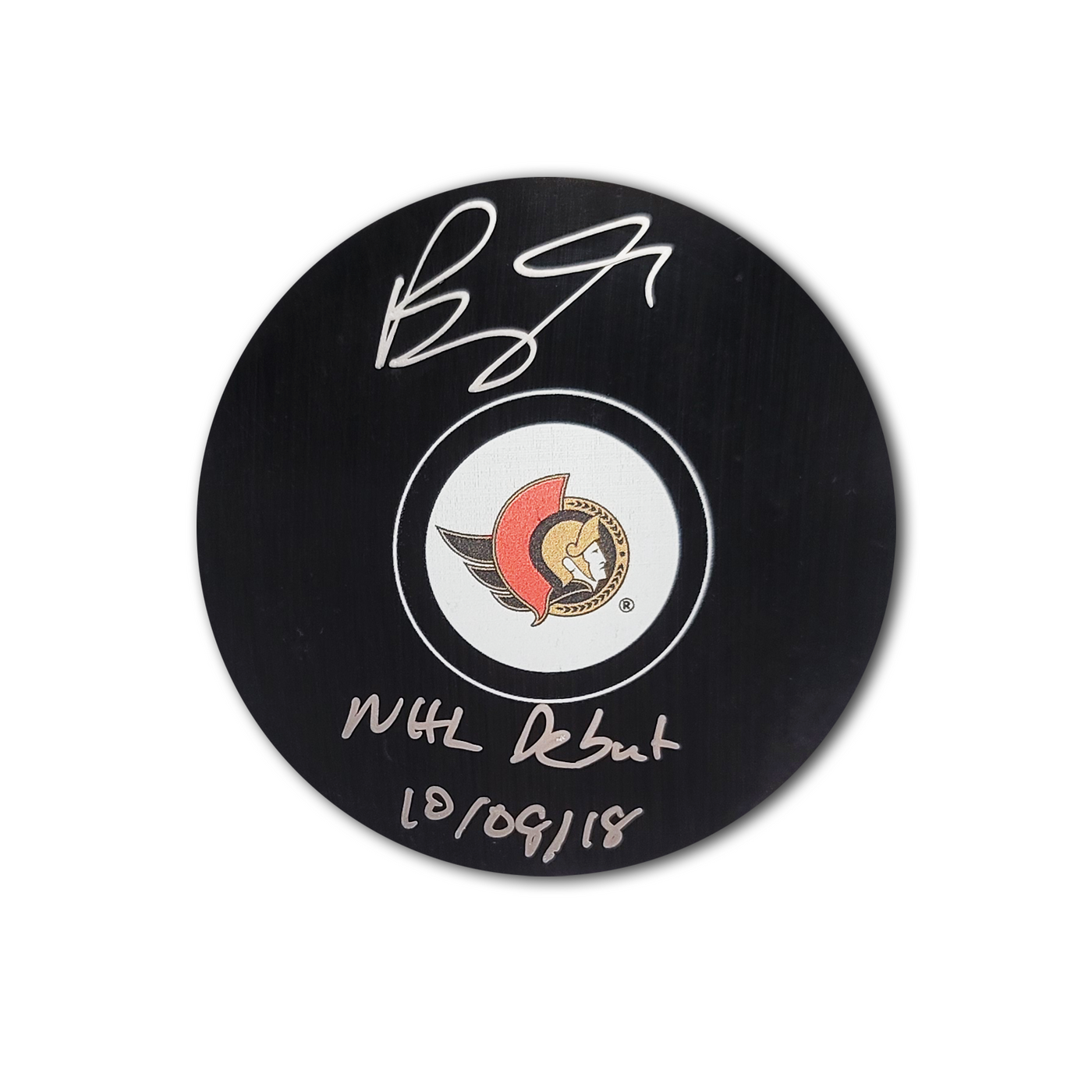 Brady Tkachuk Ottawa Senators Autographed Hockey Puck Inscribed NHL Debut 10/08/18