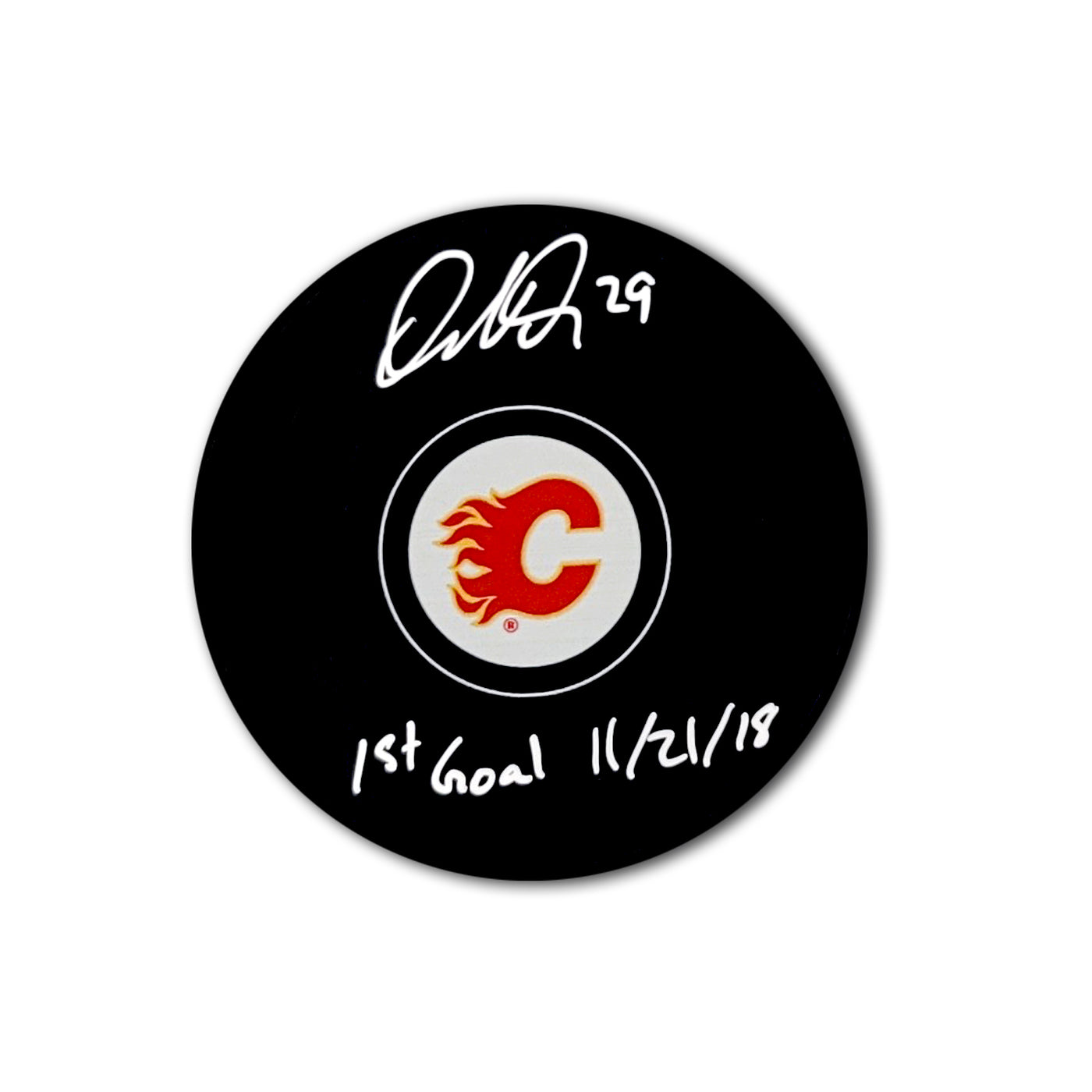 Dillon Dube Calgary Flames Autographed Hockey Puck Inscribed 1st Goal 11/21/18