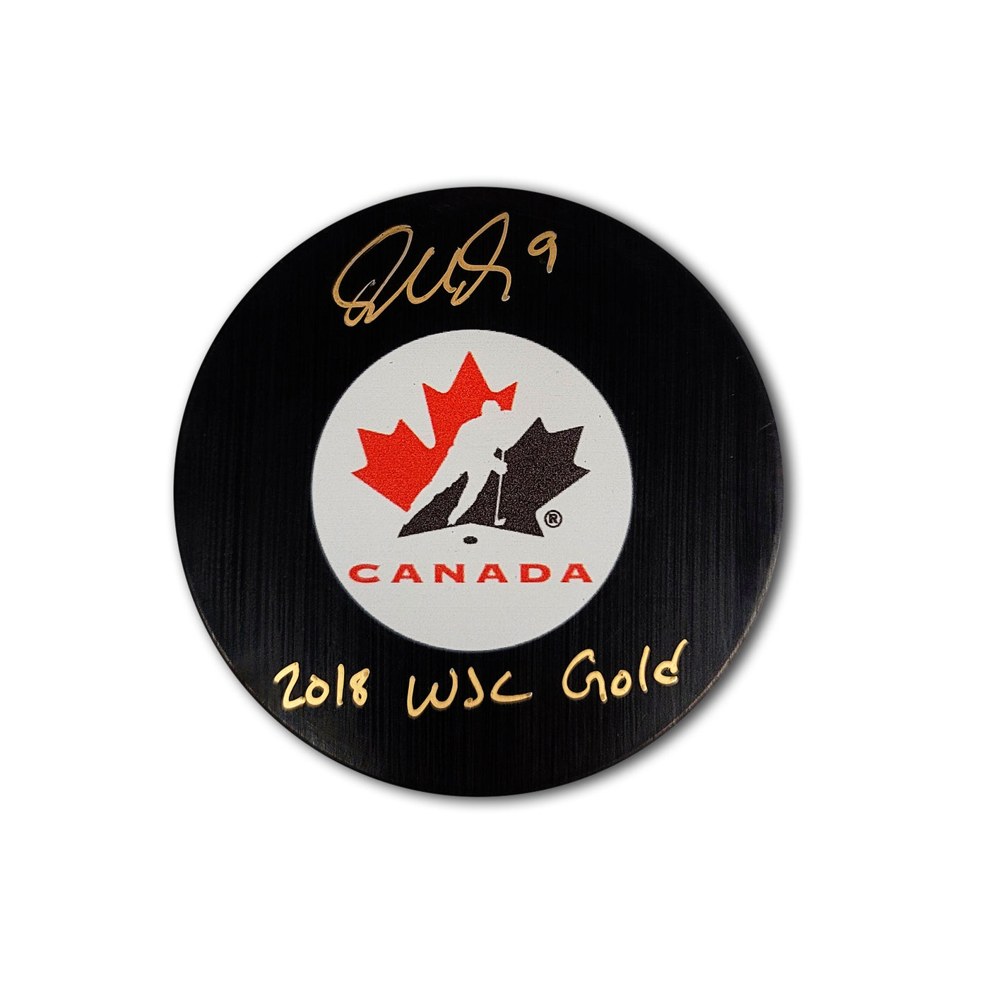 Dillon Dube Team Canada Autographed Hockey Puck Inscribed 2018 WJC Gold