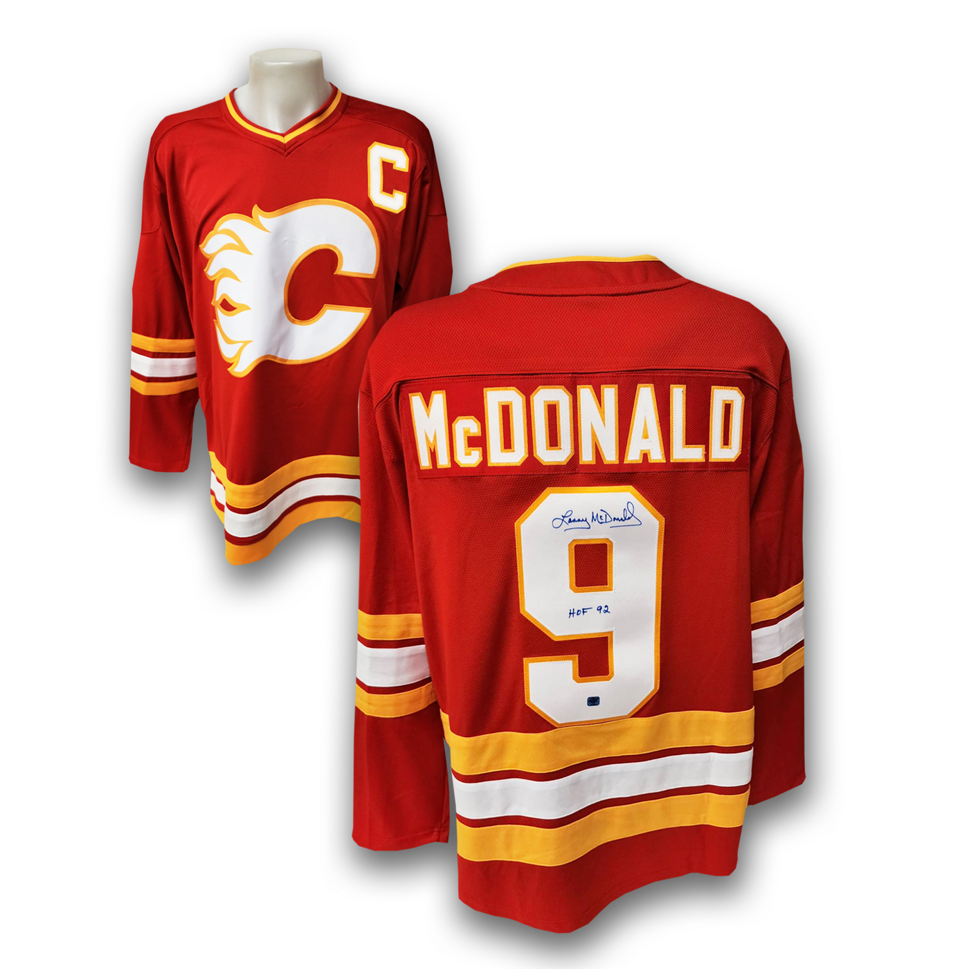 Lanny McDonald Calgary Flames Autographed Fanatics Jersey Inscribed HOF 92
