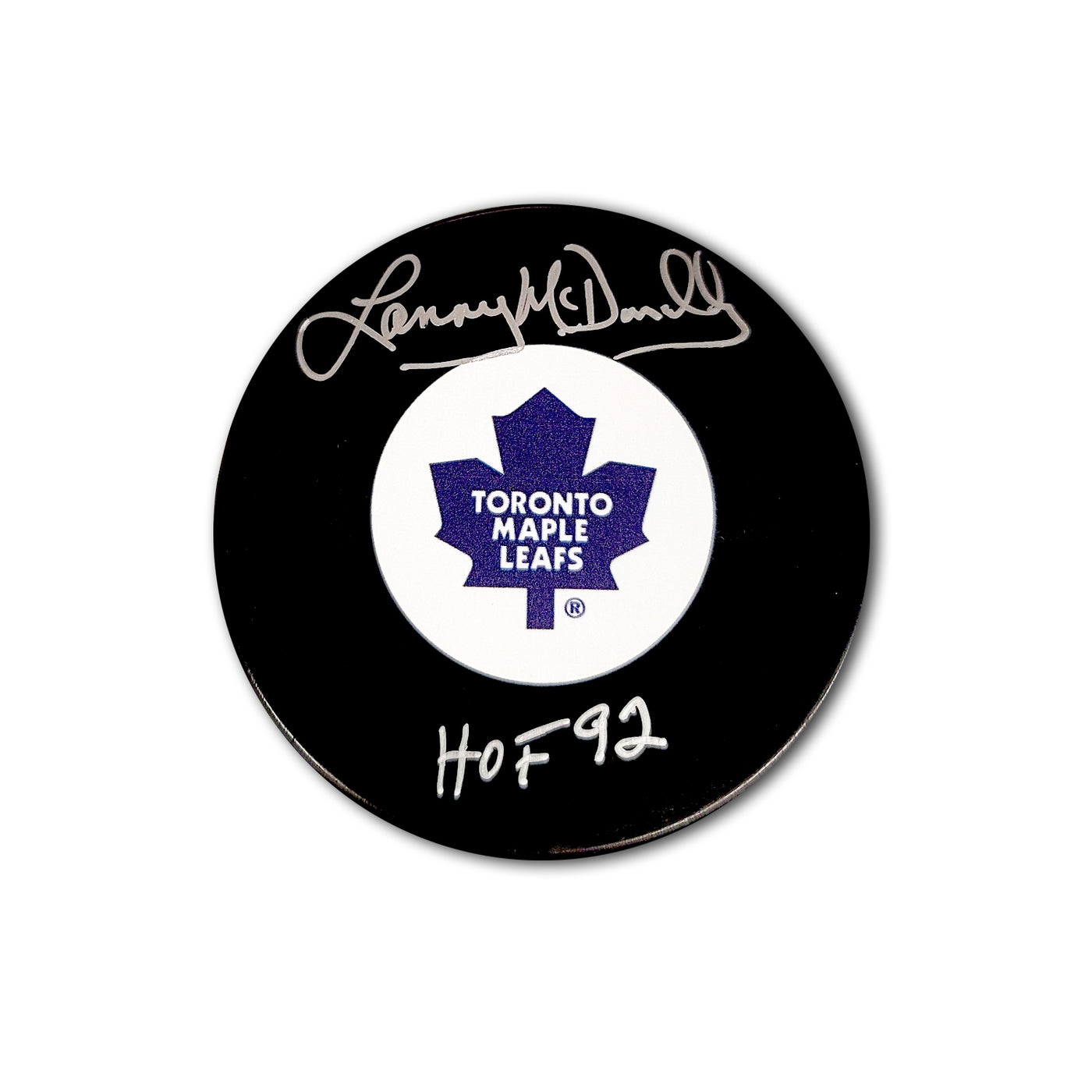 Lanny McDonald Toronto Maple Leafs Autographed Hockey Puck Inscribed HOF 92