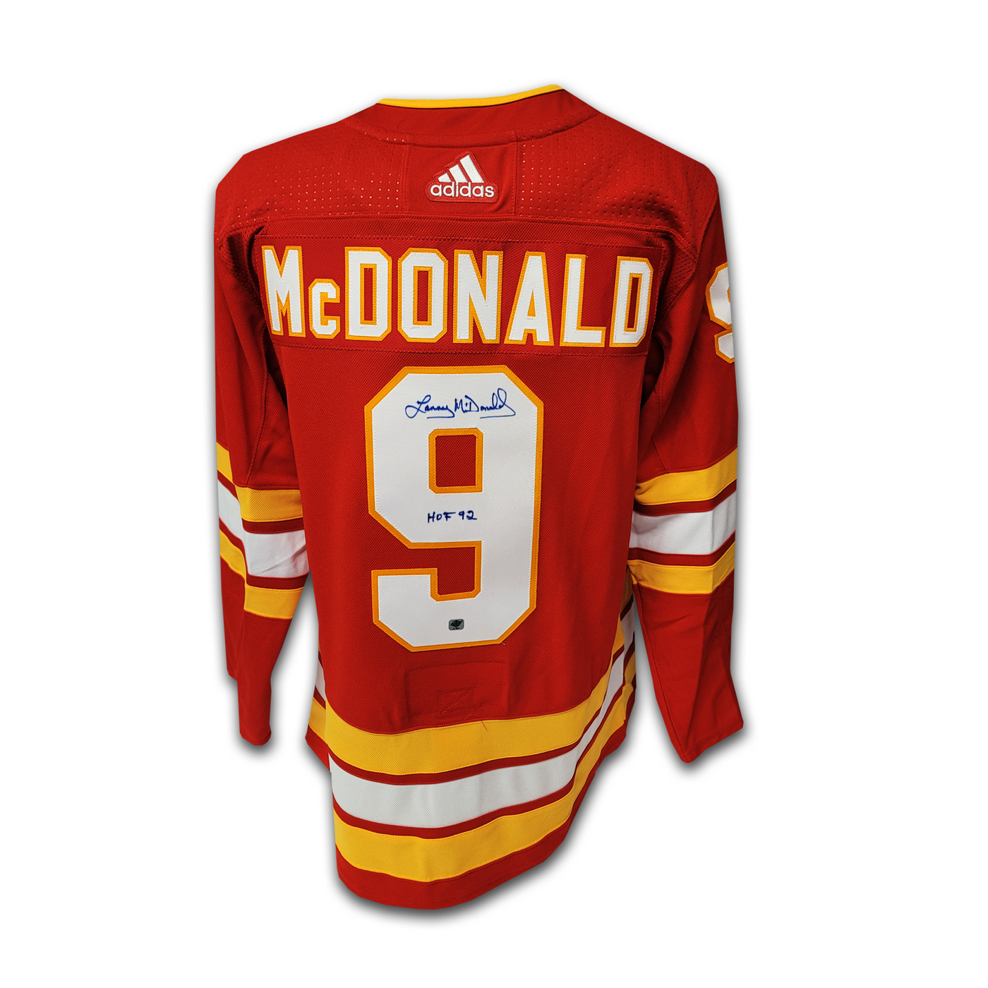 Lanny McDonald Calgary Flames Red Adidas Jersey Inscribed HOF 92