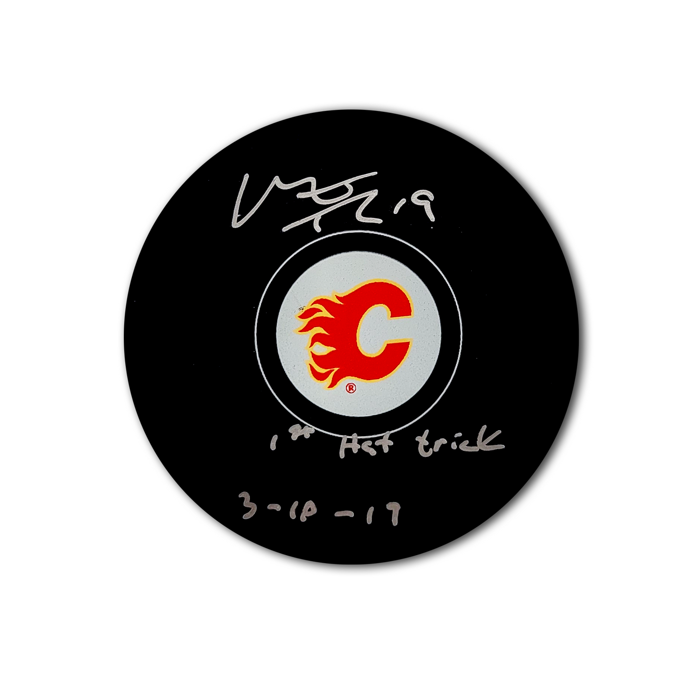 Matthew Tkachuk Calgary Flames Autographed Hockey Puck Inscribed 1st Hat Trick