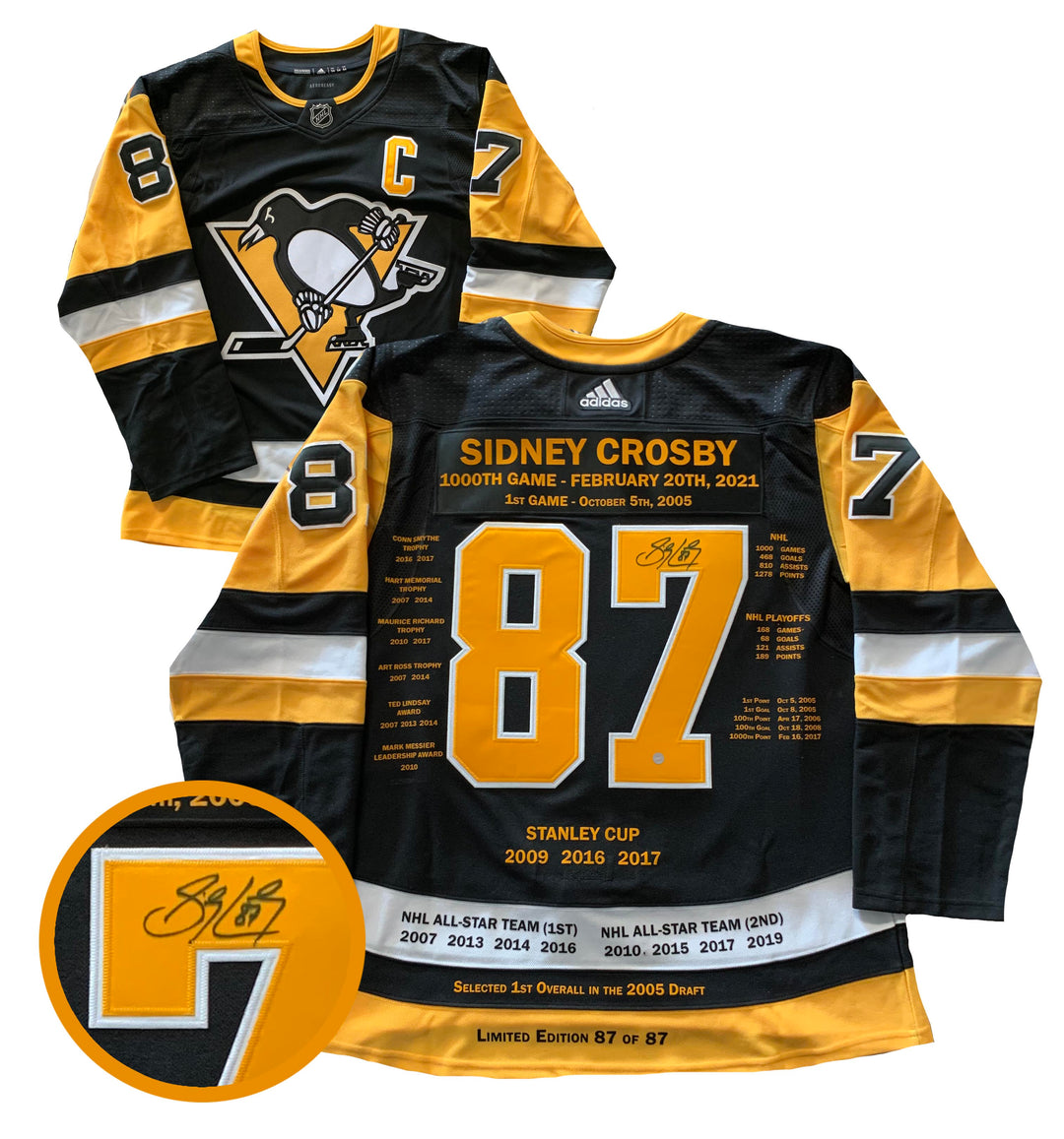 Sidney Crosby Signed MILESTONE Jersey Stitched 1000 Games Penguins Adidas LE87